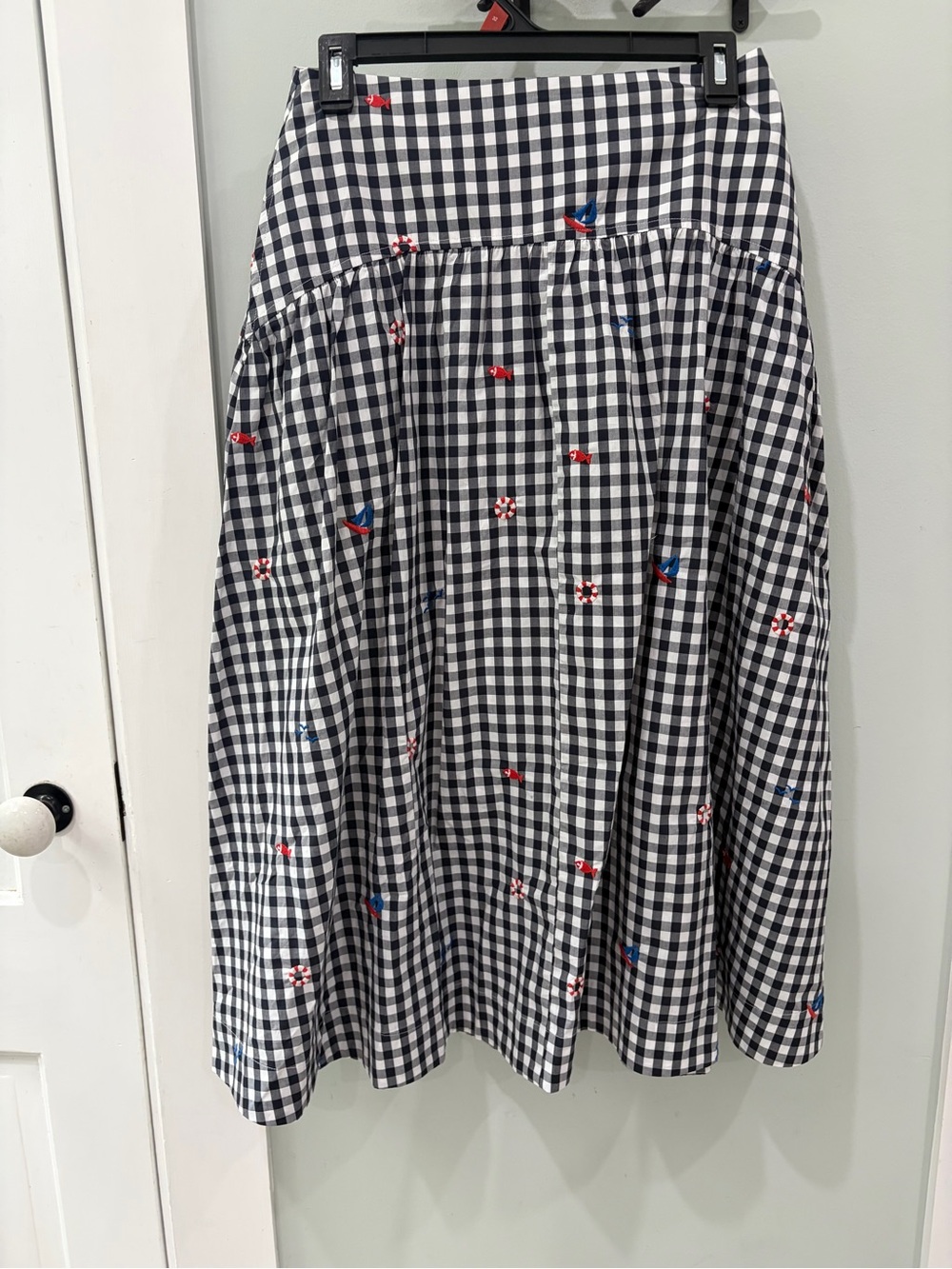 NWT Navy and White Gingham Midi Skirt with Nautical Embroidery Free Assembly - Picture 3 of 10